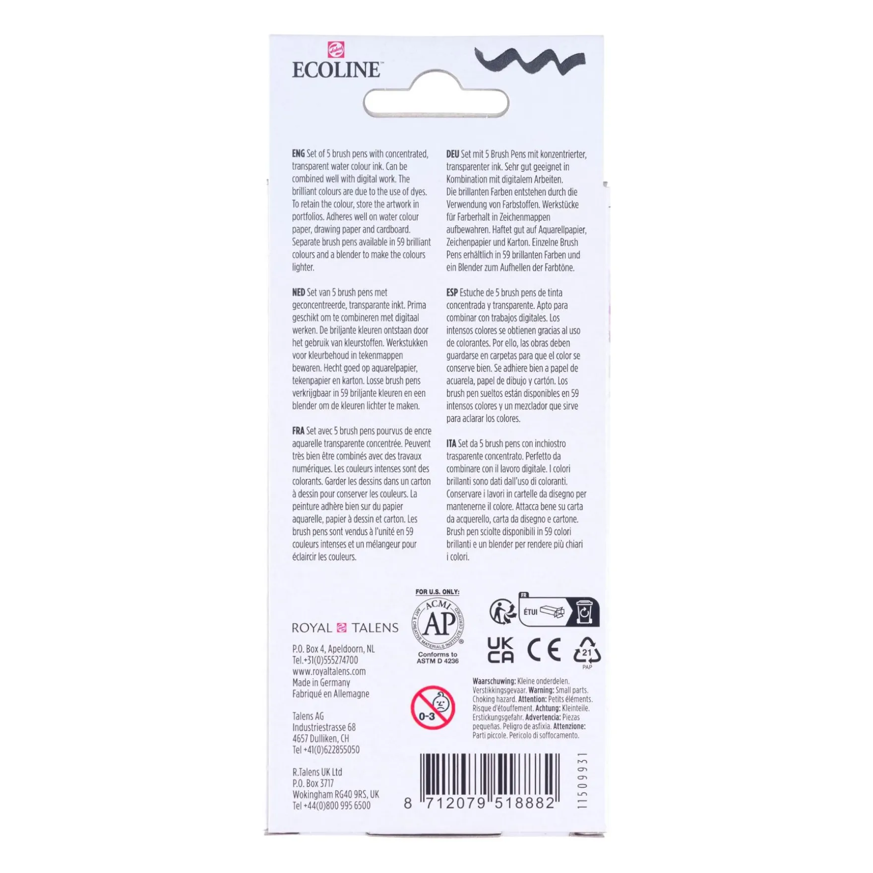 Bruynzeel brush pen set ecoline pastel 5 stuks