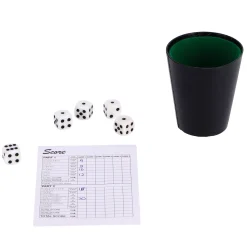 Dobbelset Spel Compleet met 5 Dobbelstenen Dobbelbeker en Scoreblok op Blister