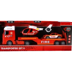 Rapid Wheels Autotransporter brandweer met auto en helikopter met licht en geluid en frictie