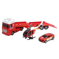 Rapid Wheels Autotransporter brandweer met auto en helikopter met licht en geluid en frictie