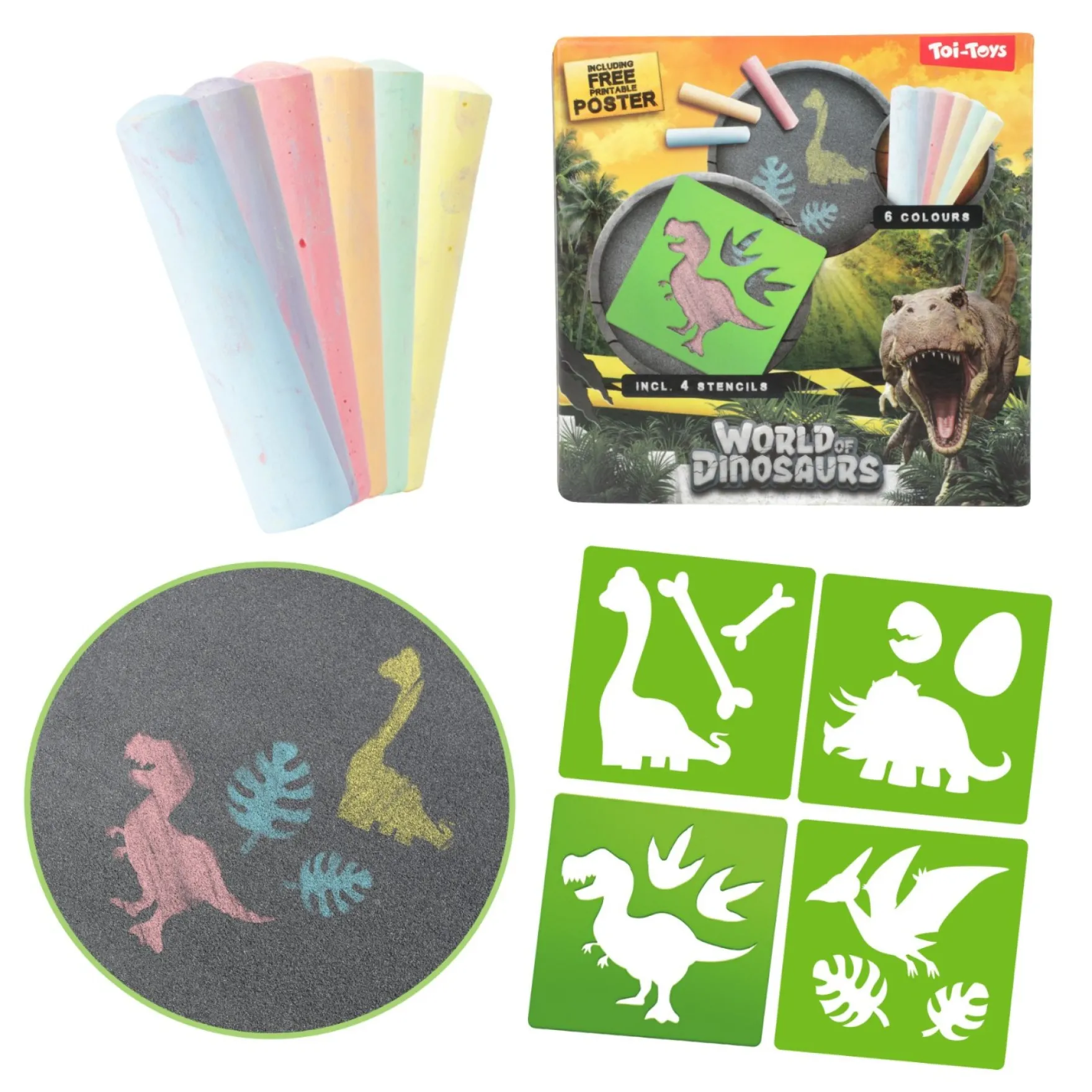 Stoepkrijt en 4 sjablonen dino