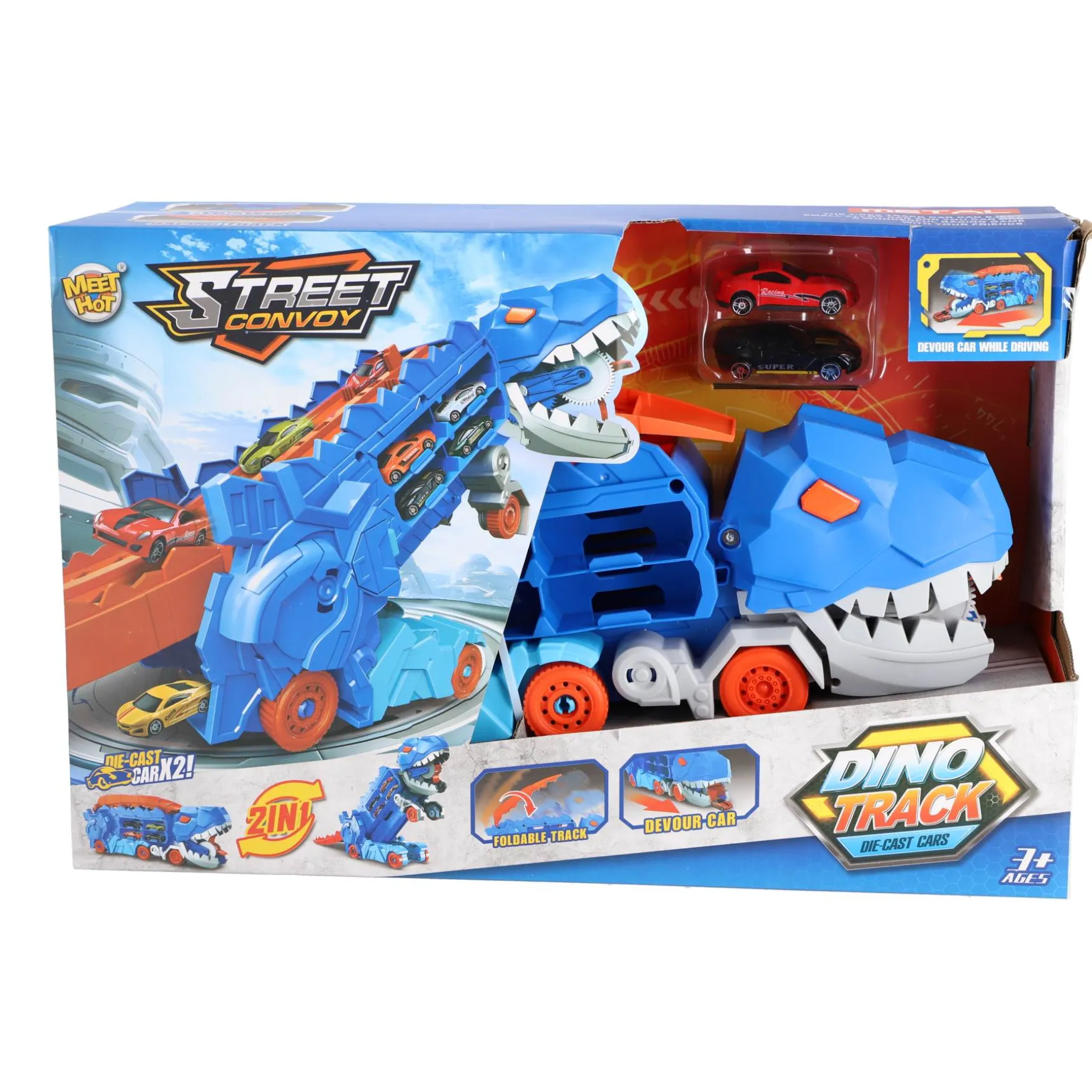 Transporter carrycase dino met 2 diecast auto's