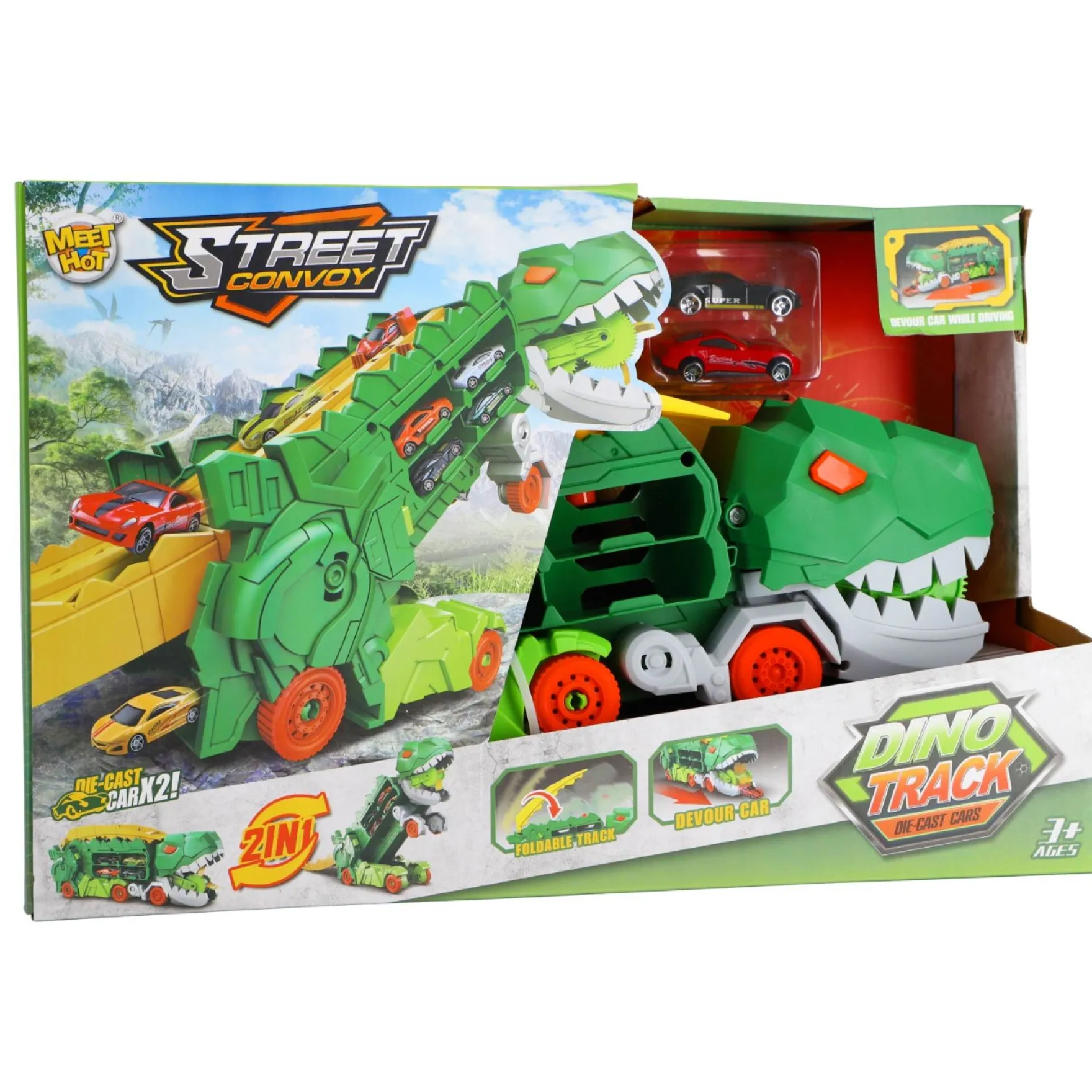 Transporter carrycase dino met 2 diecast auto's